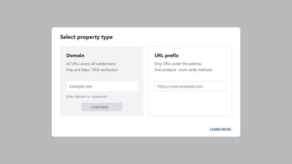 Search Console select property type dialog